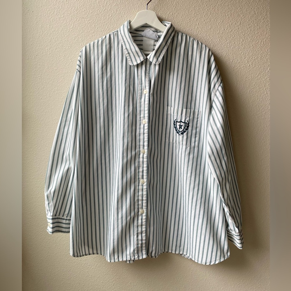 VTG Jantzen Women Green/White Striped Button Up (Size: XXL)